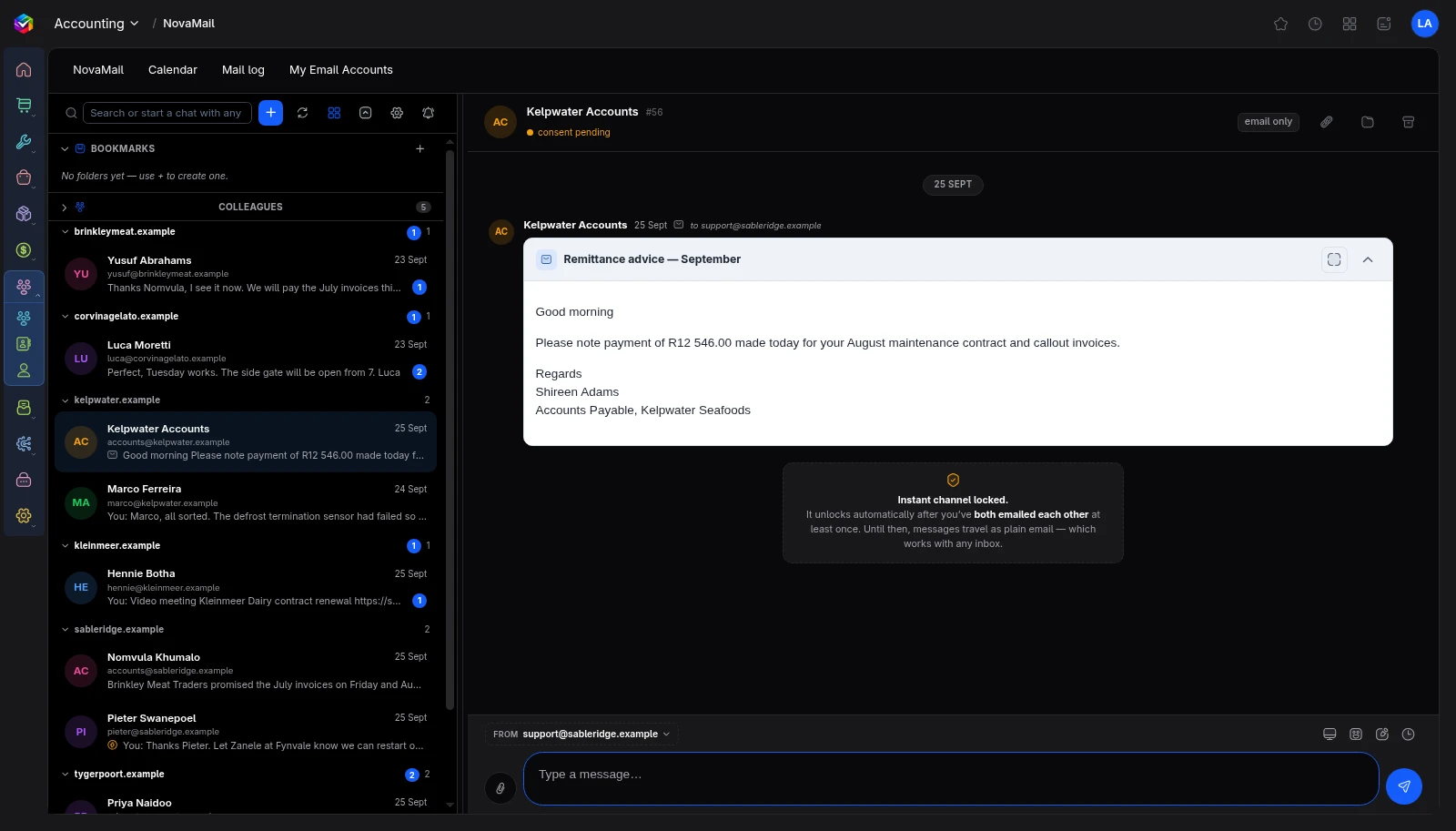 Vali NovaMail inbox with conversations grouped by company