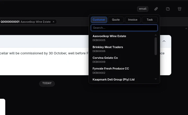 Linking a conversation to a customer, quote, invoice or task