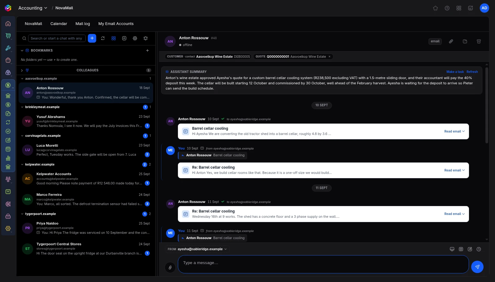 AI summary at the top of a long conversation in Vali NovaMail