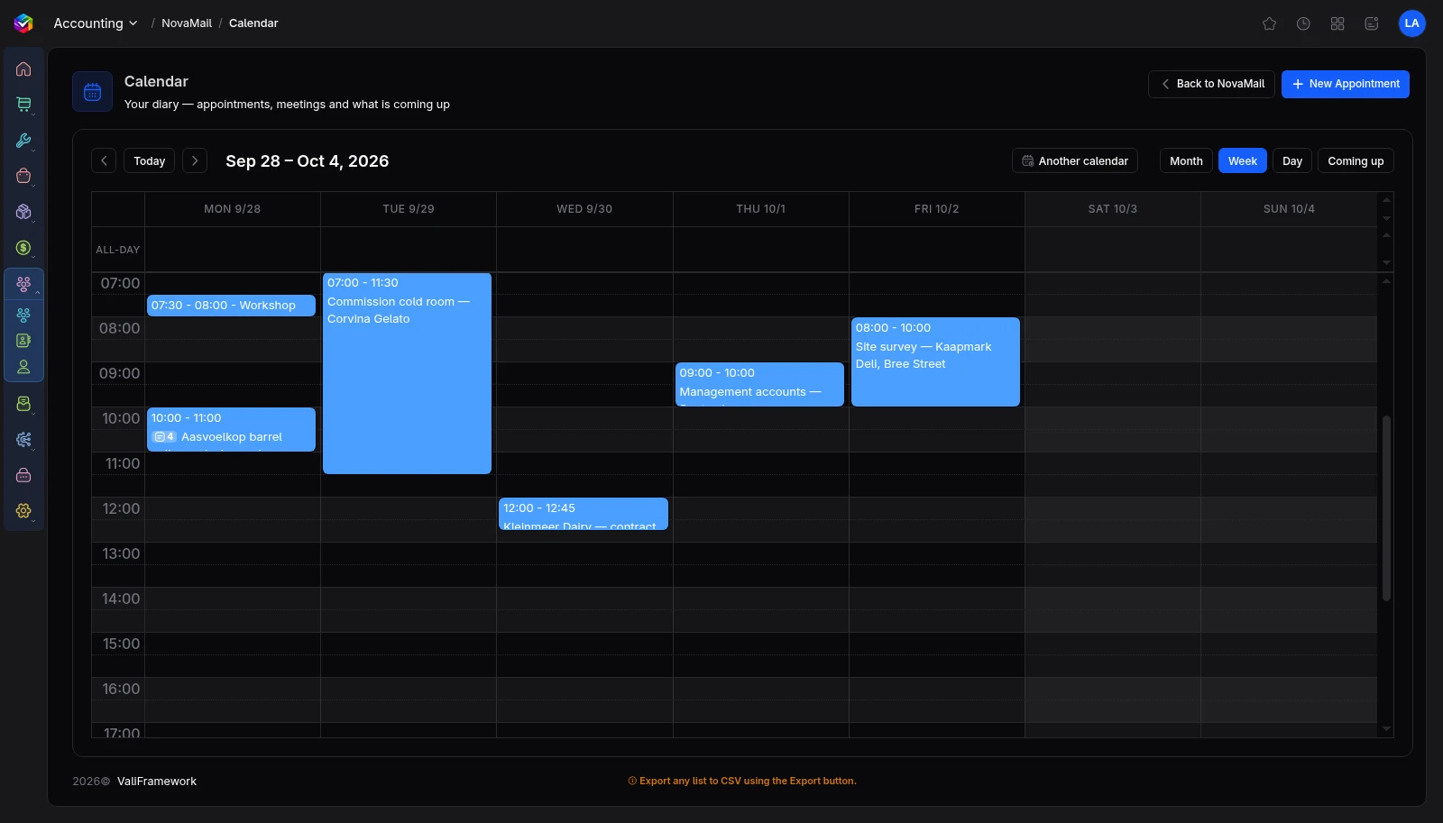 Vali Calendar screen