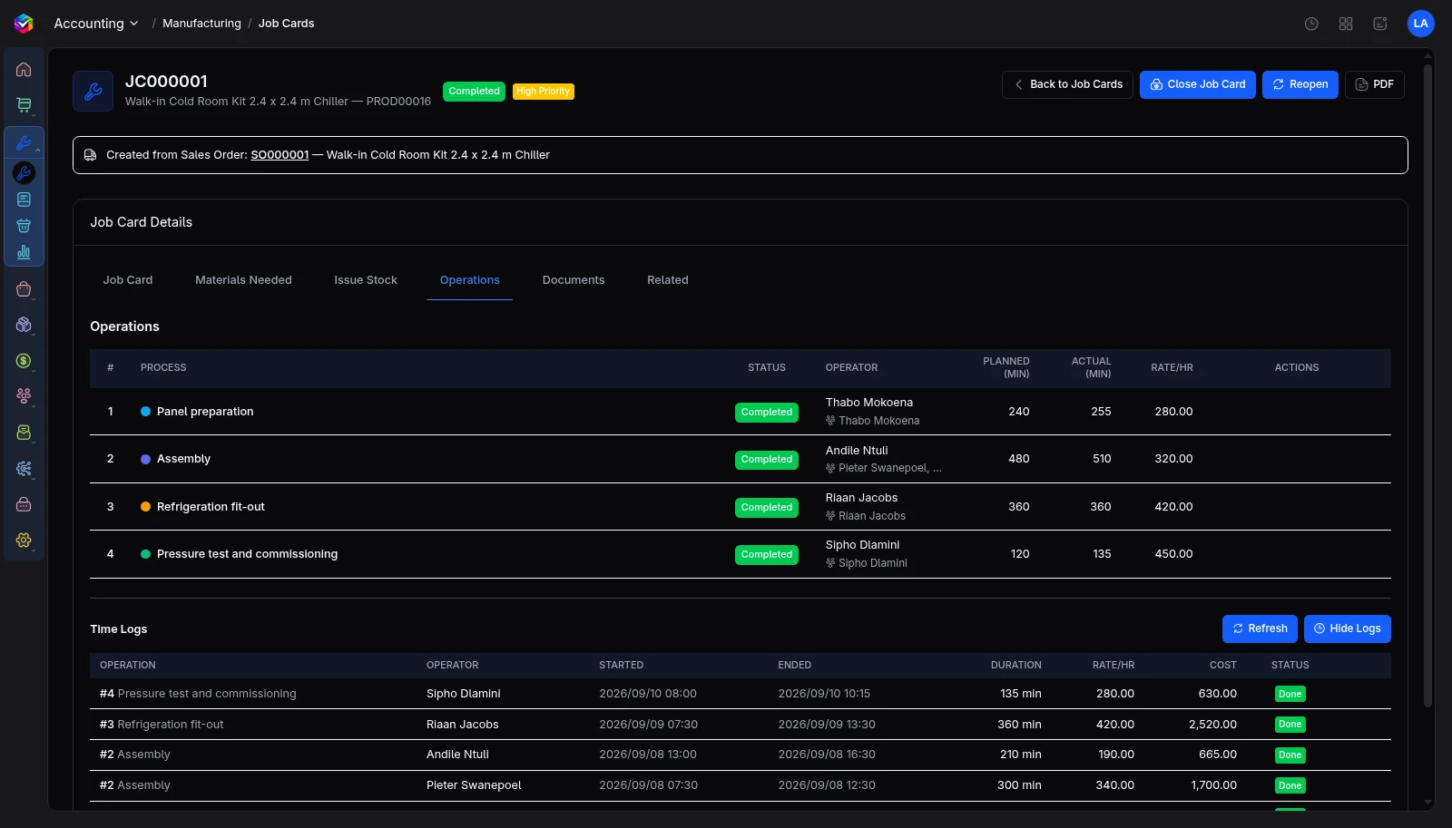 Vali Job costing screen