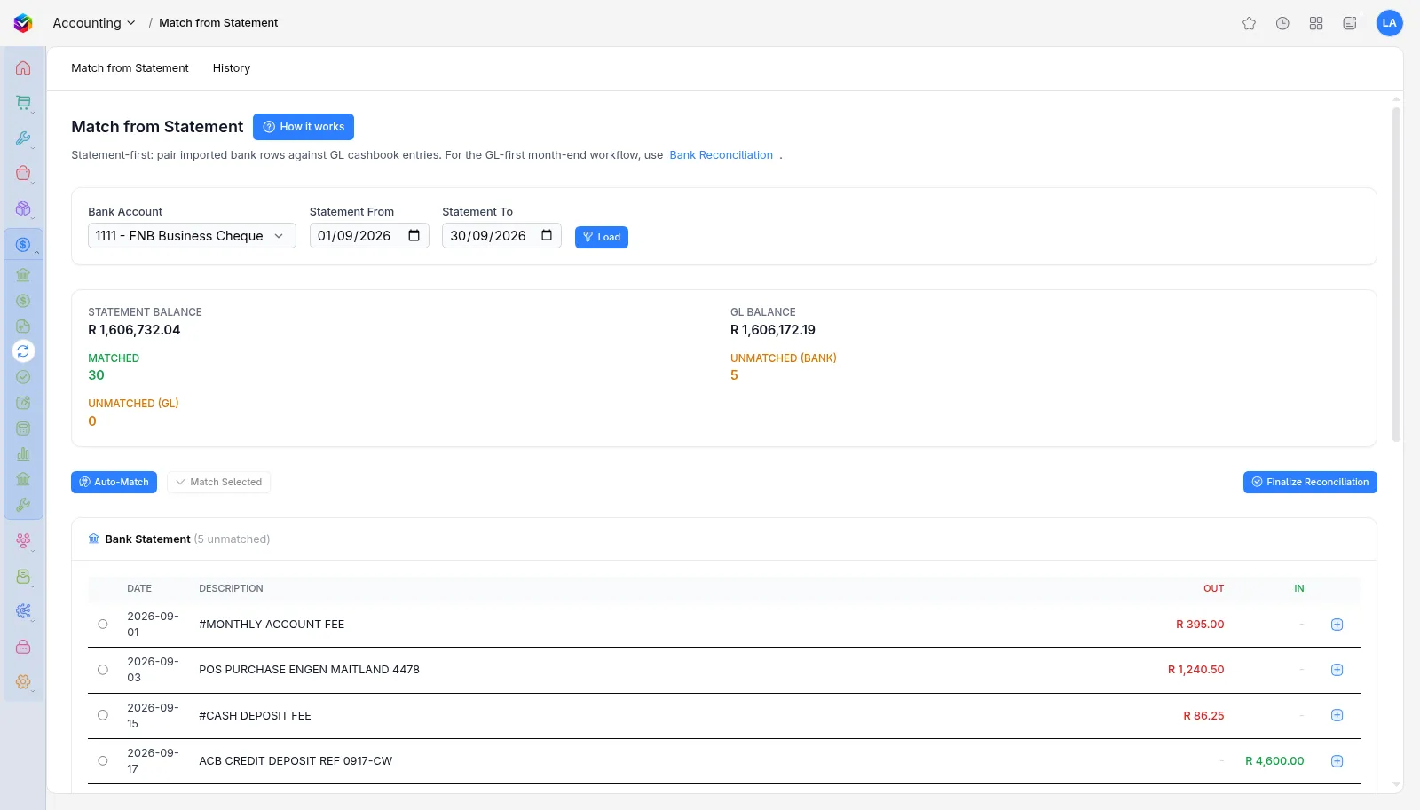 Vali Bank reconciliation screen