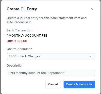 Posting the monthly bank fee straight to the bank charges account