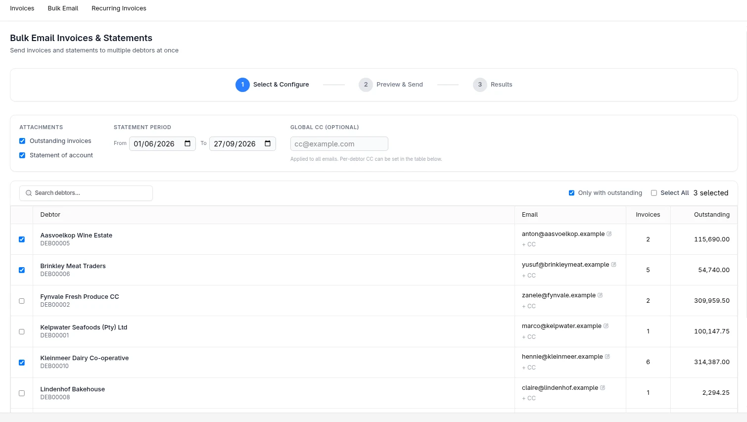 Emailing invoices and statements to several customers at once