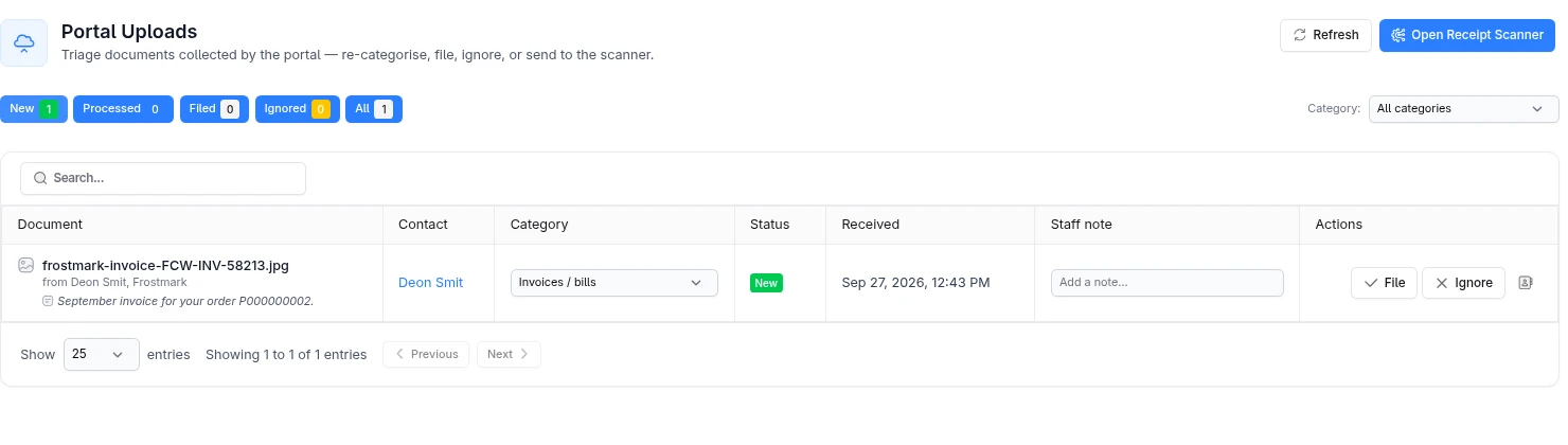 The uploaded invoice waiting to be filed, ignored or sent to the receipt scanner