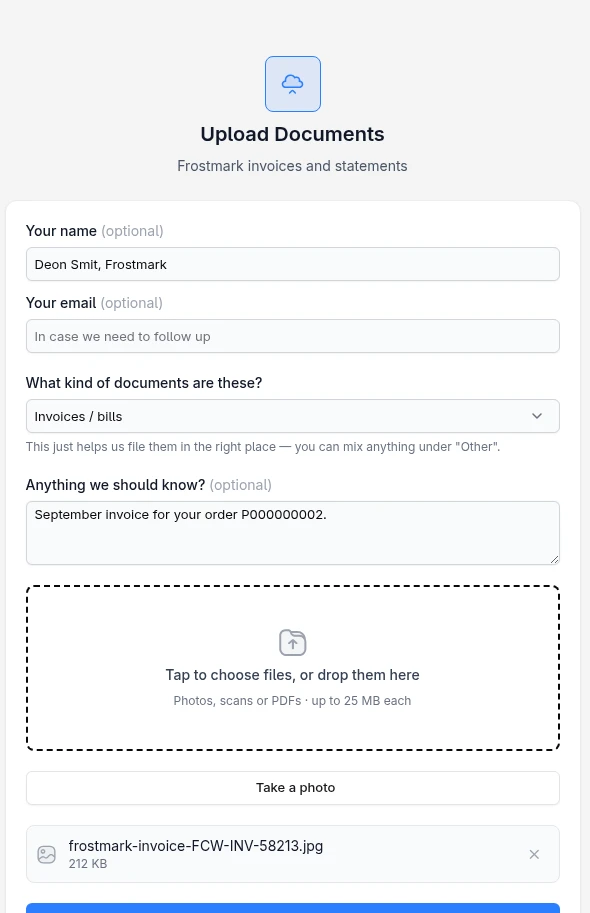A supplier uploading an invoice on their own link, with no login