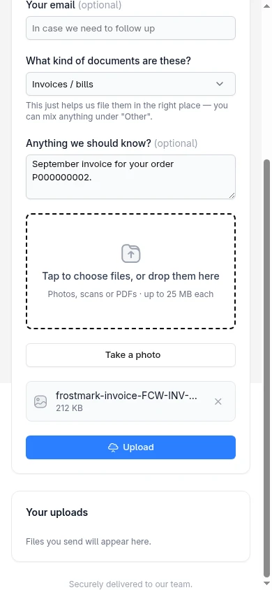 The same upload page on a phone