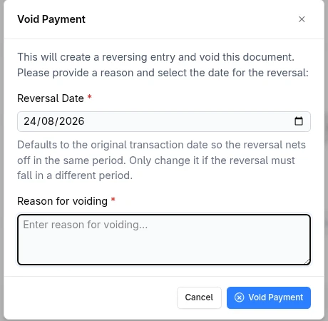 Voiding a payment with a reversal dated to the original
