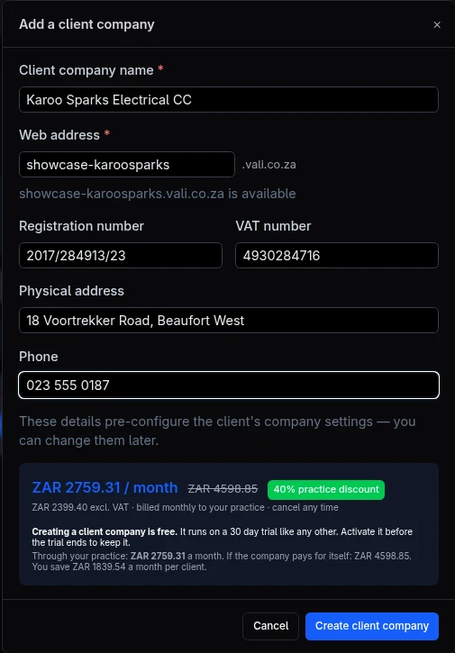 Adding a client company, showing the practice price and the discount