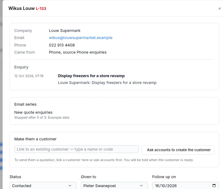 One lead: the enquiry, the email series, linking them to a customer, and who follows up and when