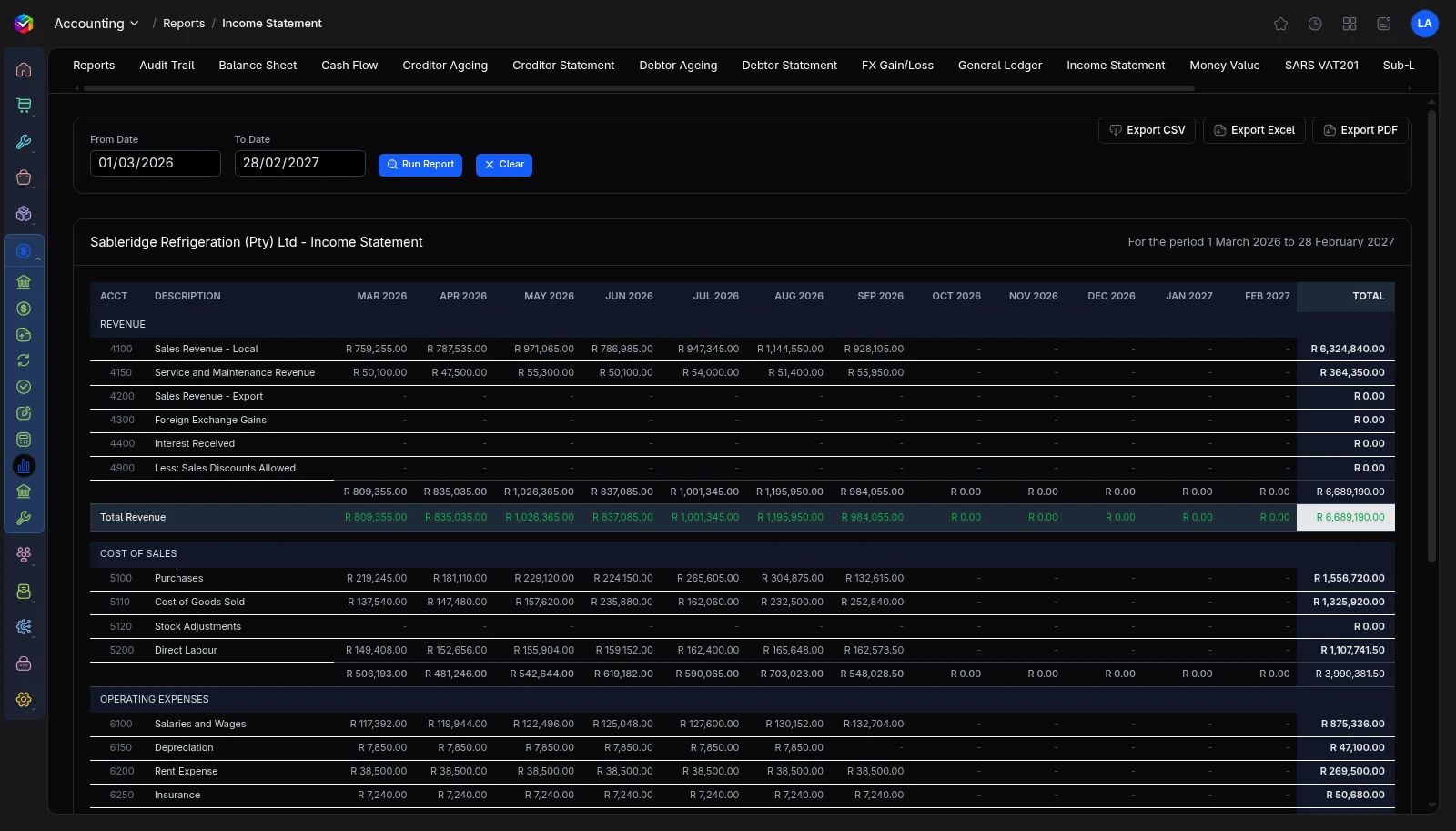 Vali Accounting screen