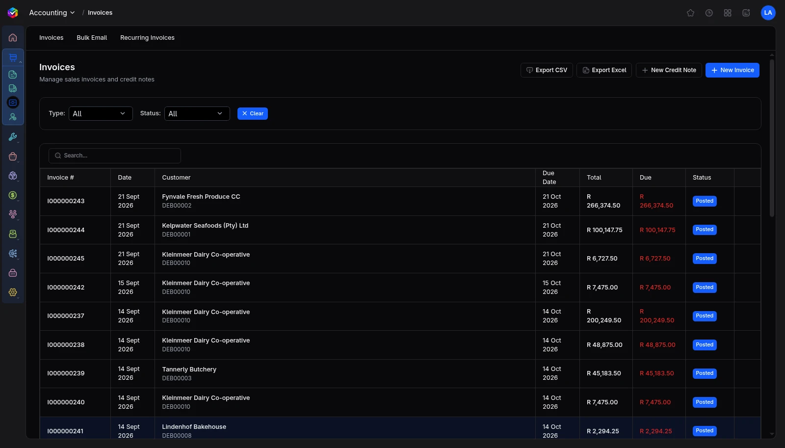 Vali Invoicing screen