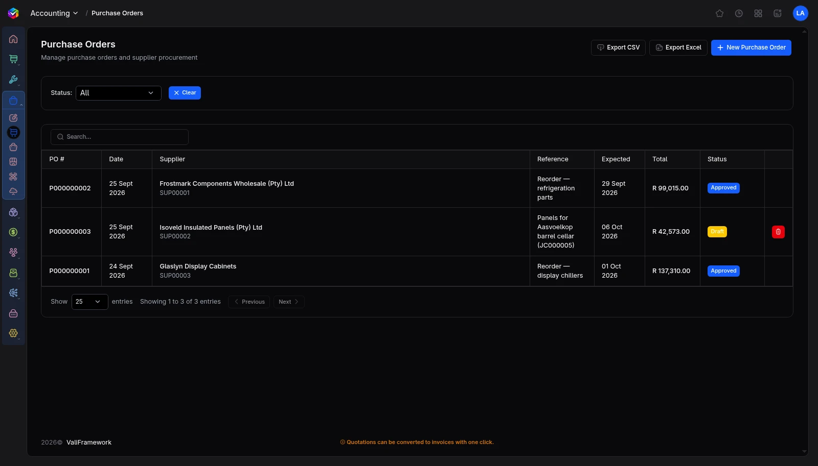 Vali Purchasing screen