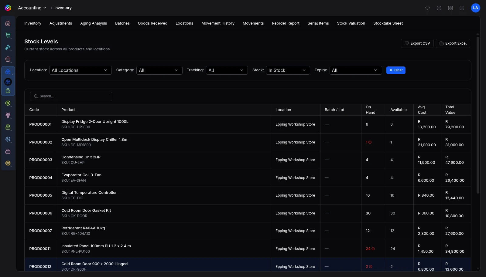 Vali Stock control screen