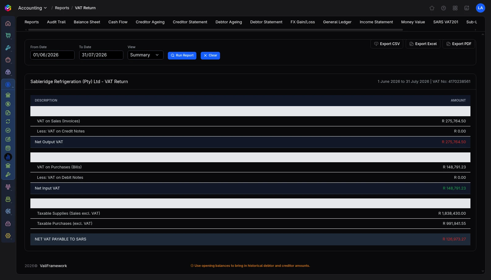 Vali VAT returns screen