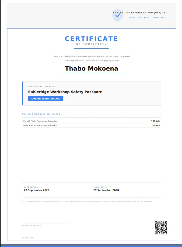 A certificate issued automatically, with a QR code