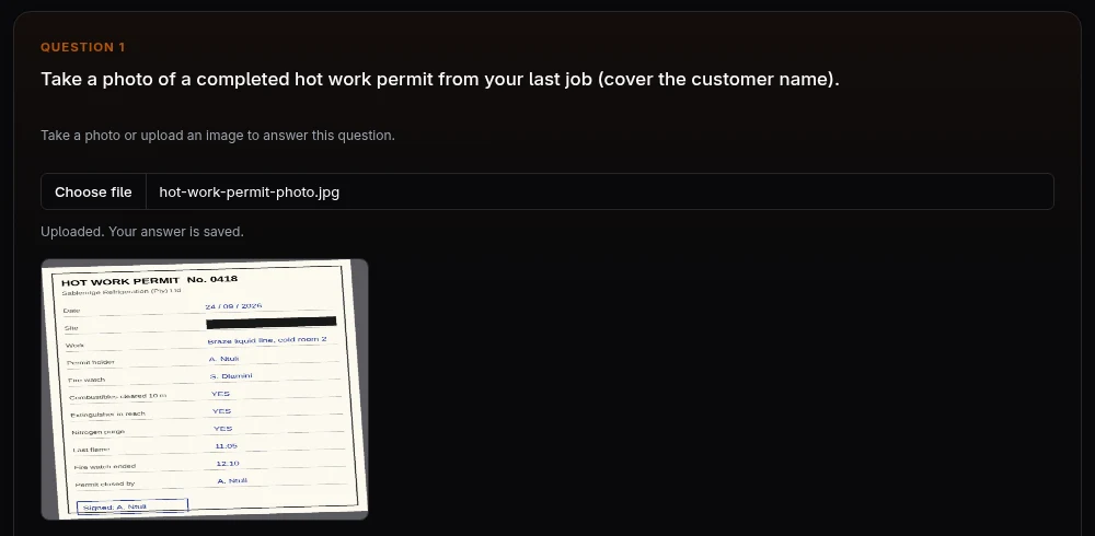 A learner uploading a photo of a completed hot work permit