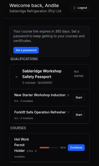 A learner's courses and qualification on a phone