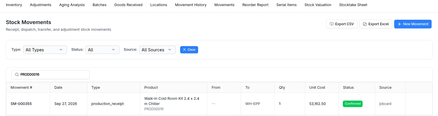 Stock movements, including a finished product received from its job card