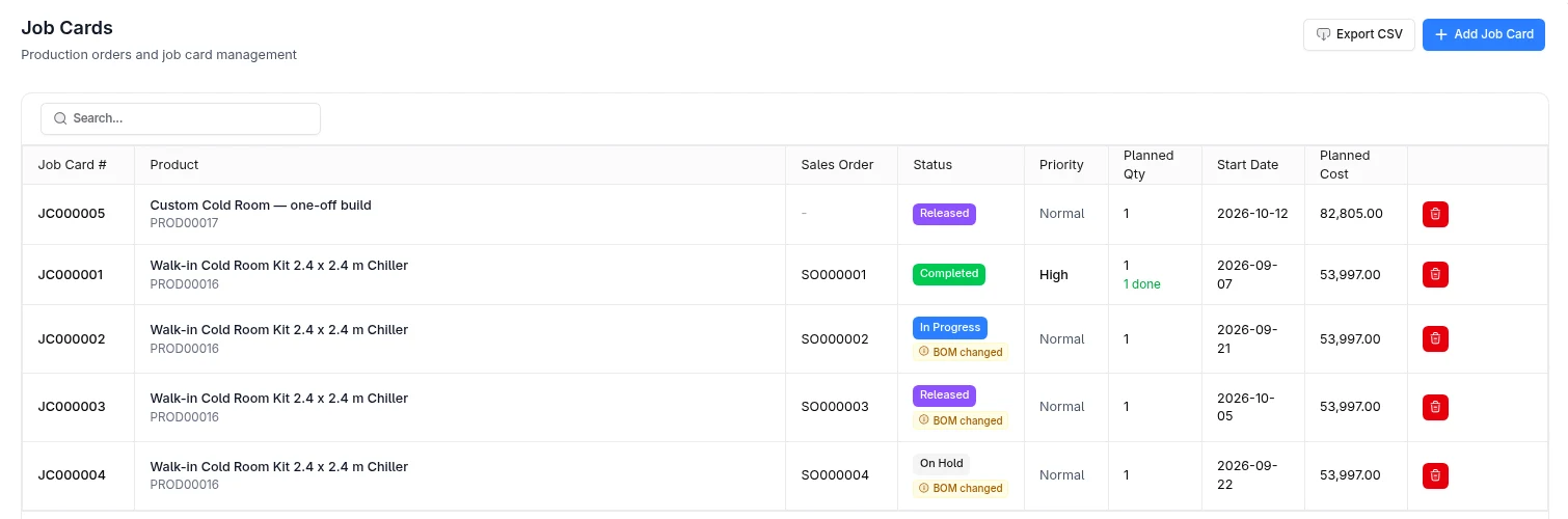 The job card list with status, priority, start date and planned cost