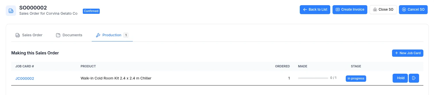 A sales order with its job card, progress and the Create Invoice button