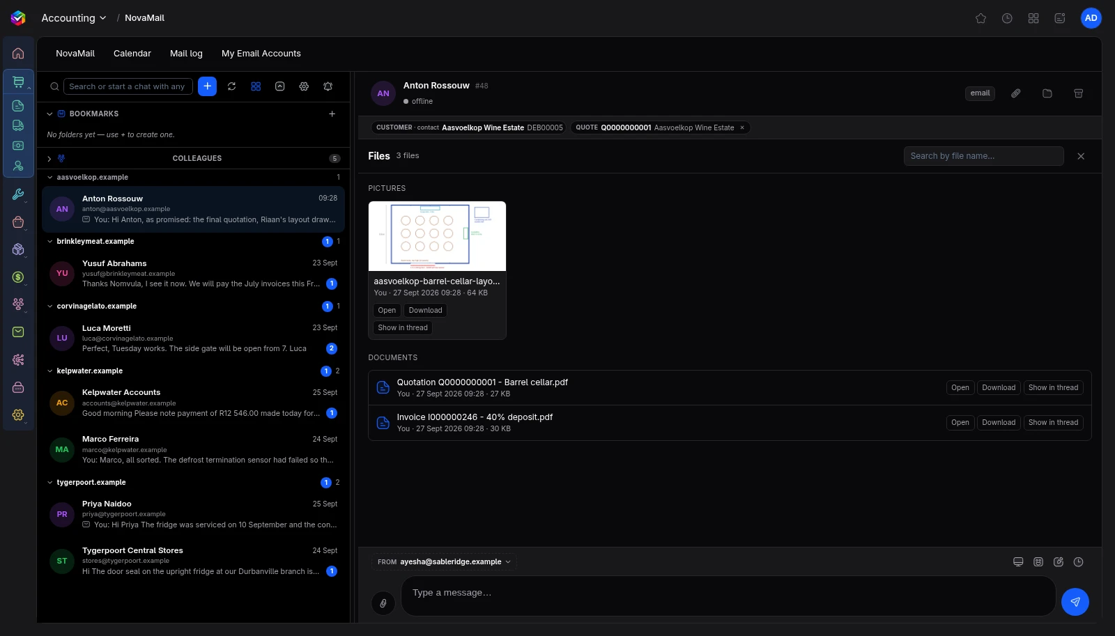 The Files tab of a customer conversation in Vali NovaMail