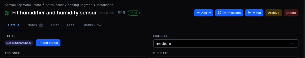 A task with its status, priority, owner and due date