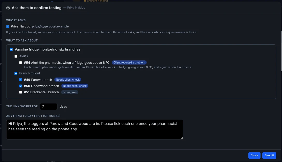 Asking a client to confirm tasks one by one from an email thread