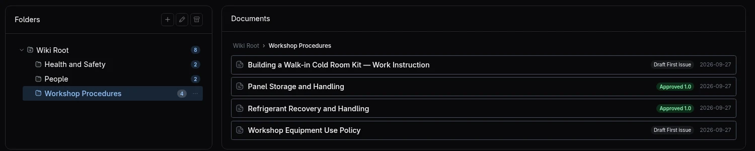 Workshop procedures in the Vali policy library, each showing whether it is approved or a draft