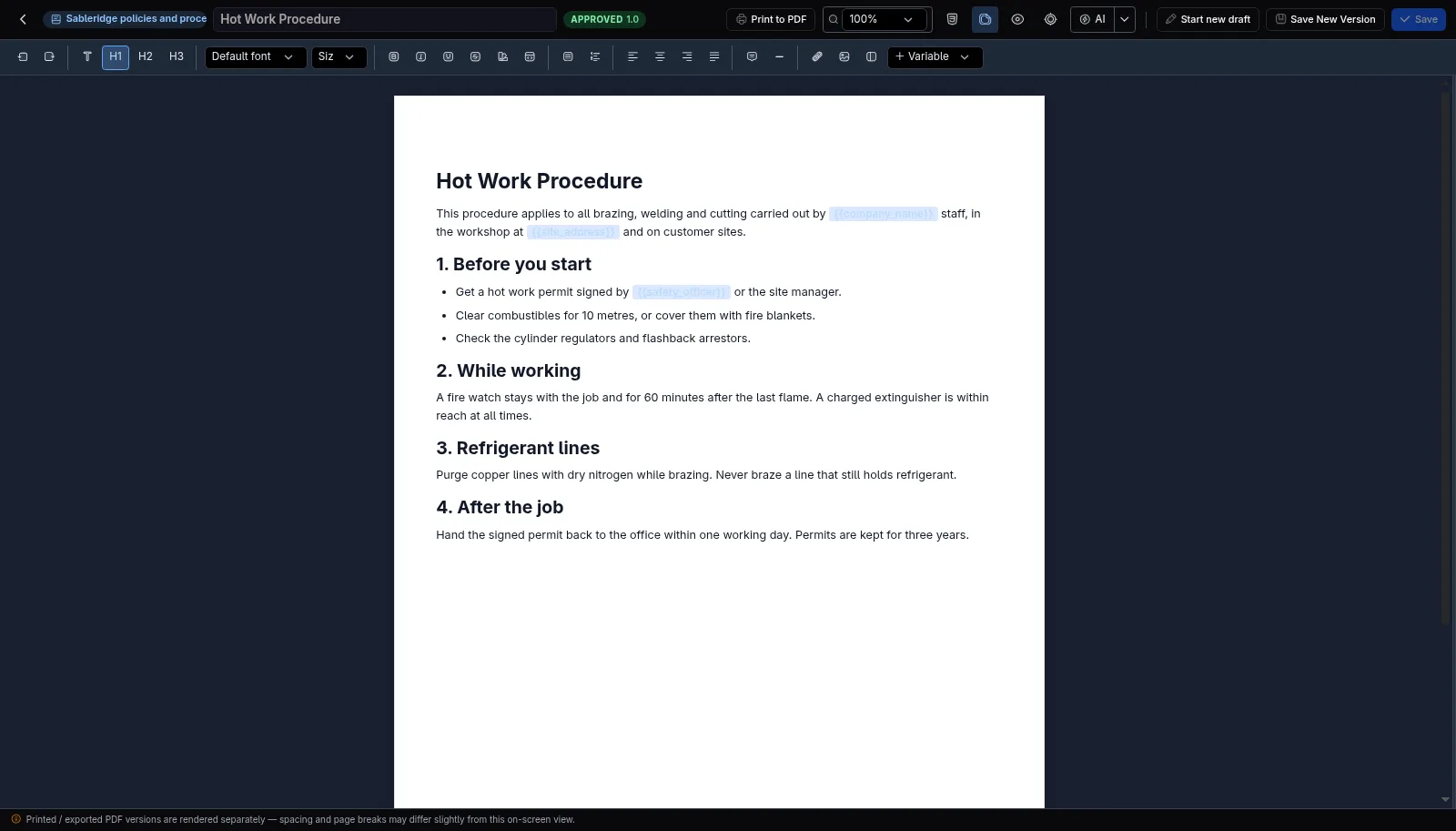 An approved procedure, locked, with Start new draft to make changes