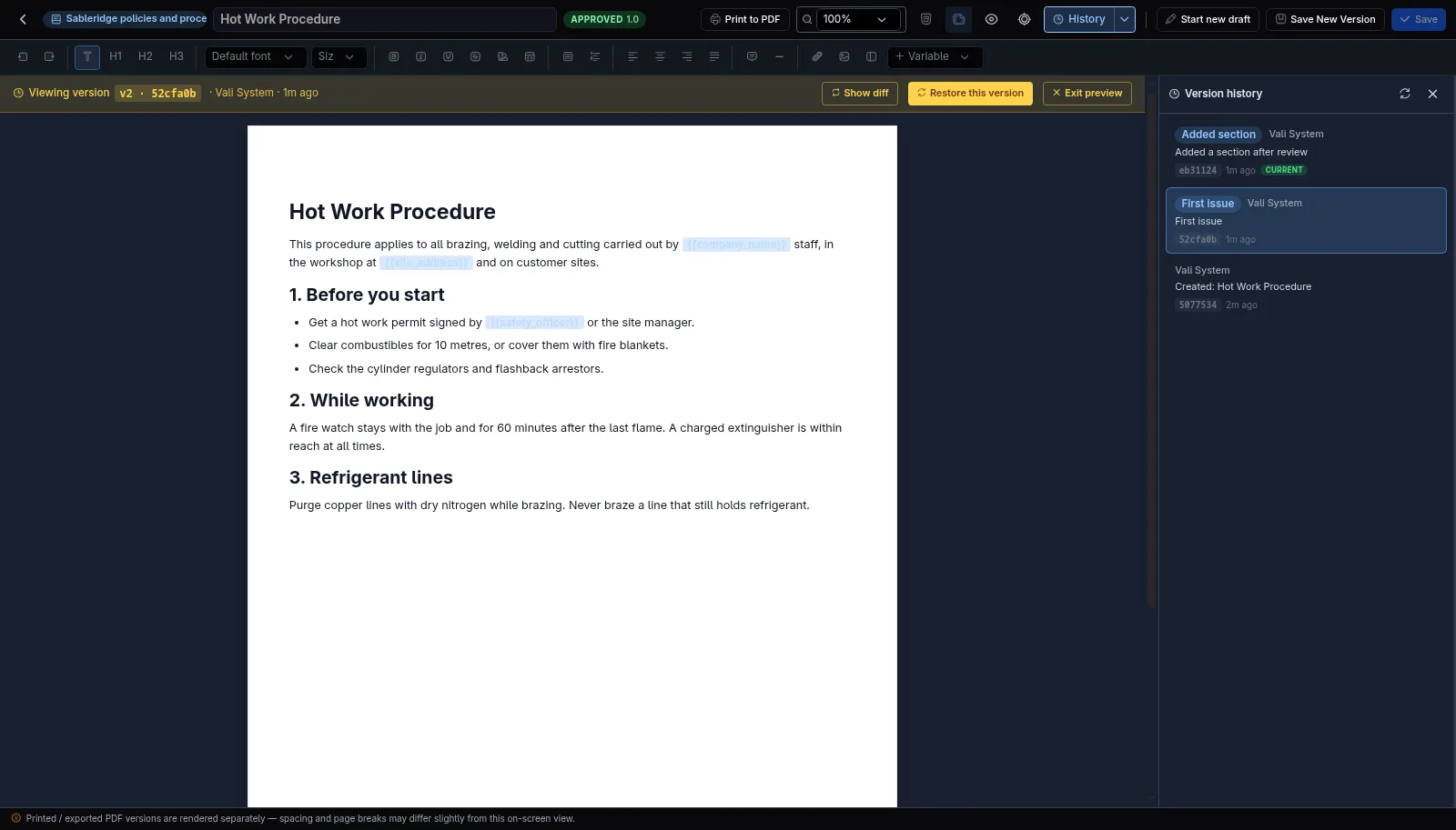 Version history of a procedure, with Show diff and Restore this version