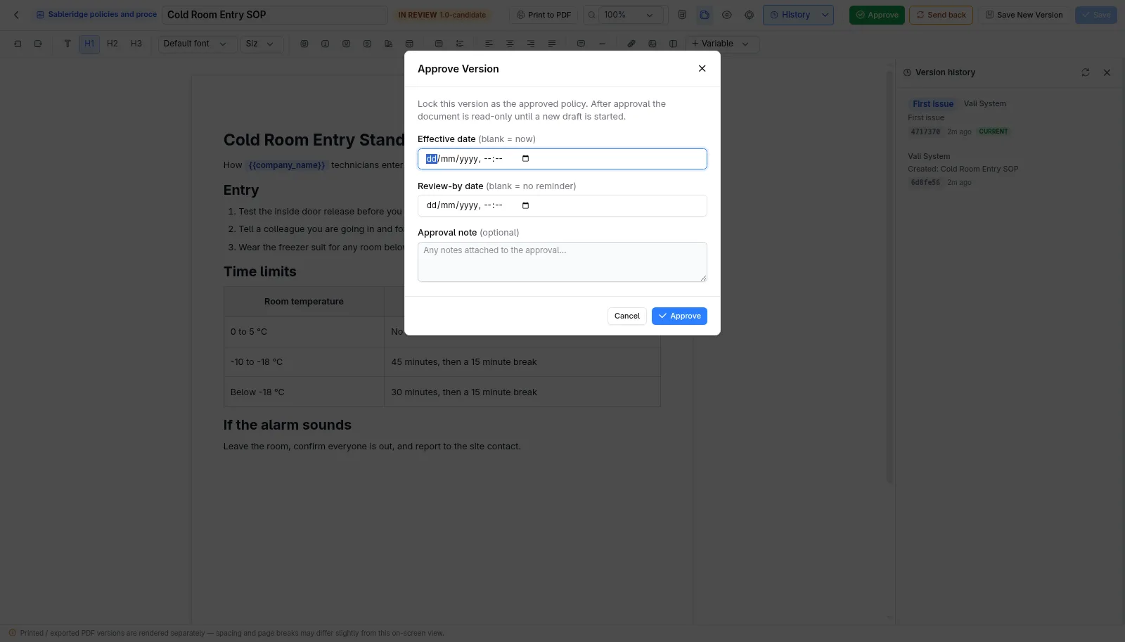 Vali Policies screen