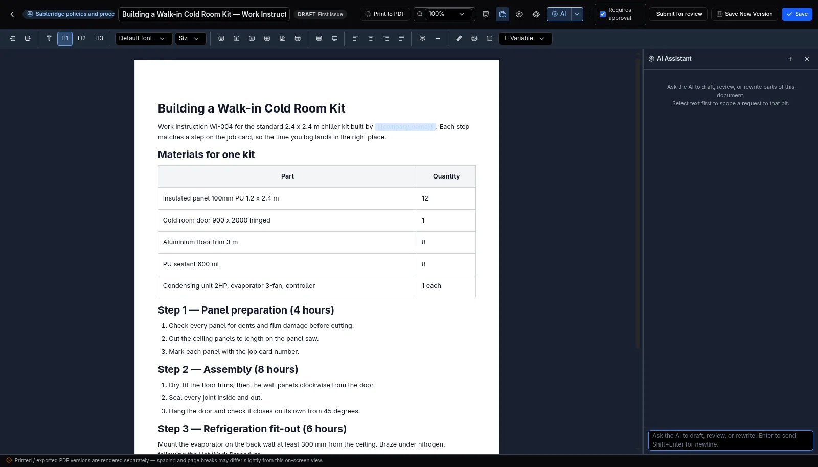 A work instruction for building a walk-in cold room kit, with a parts table and timed steps