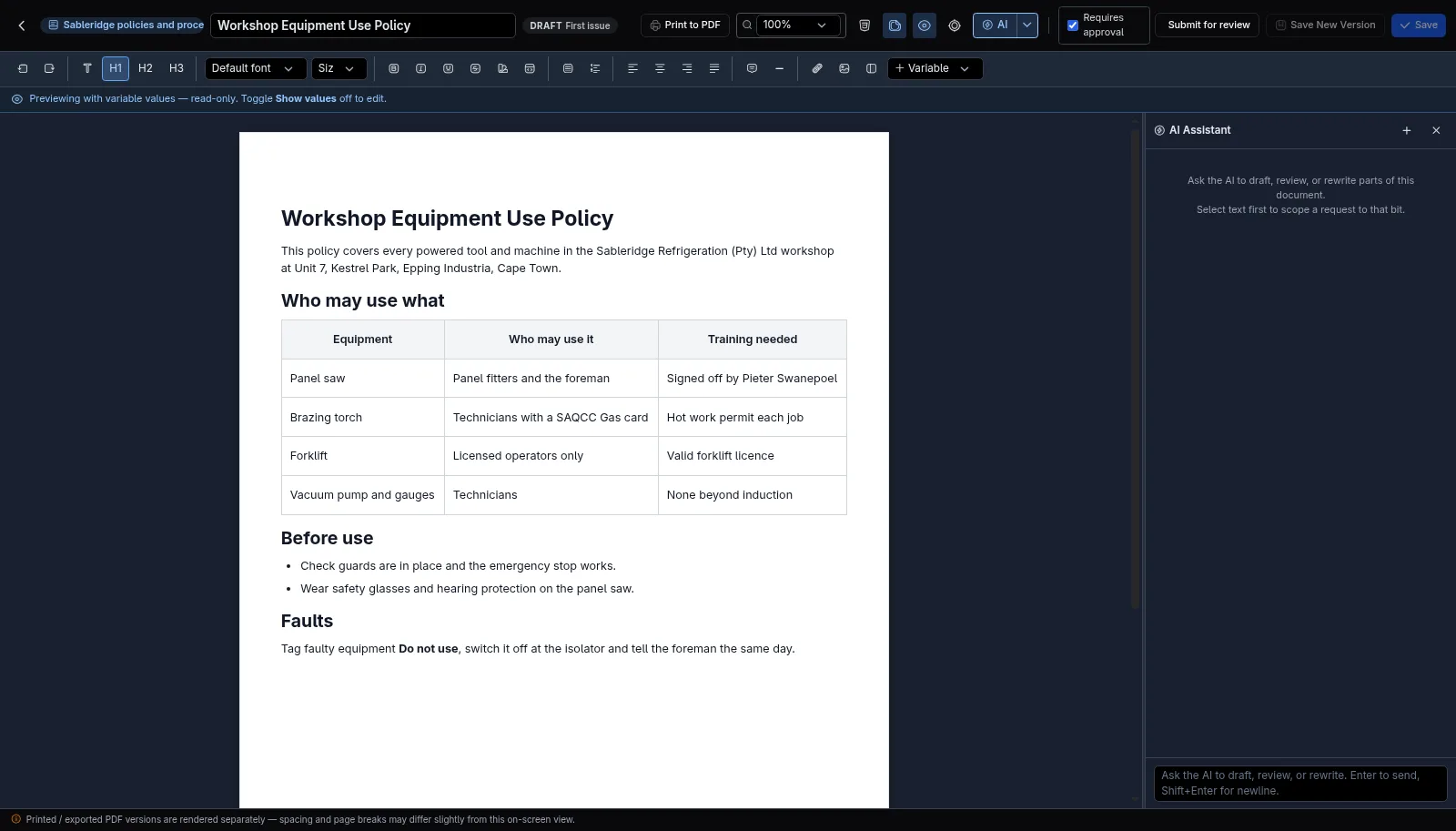 A workshop equipment policy listing who may use each machine and the training needed
