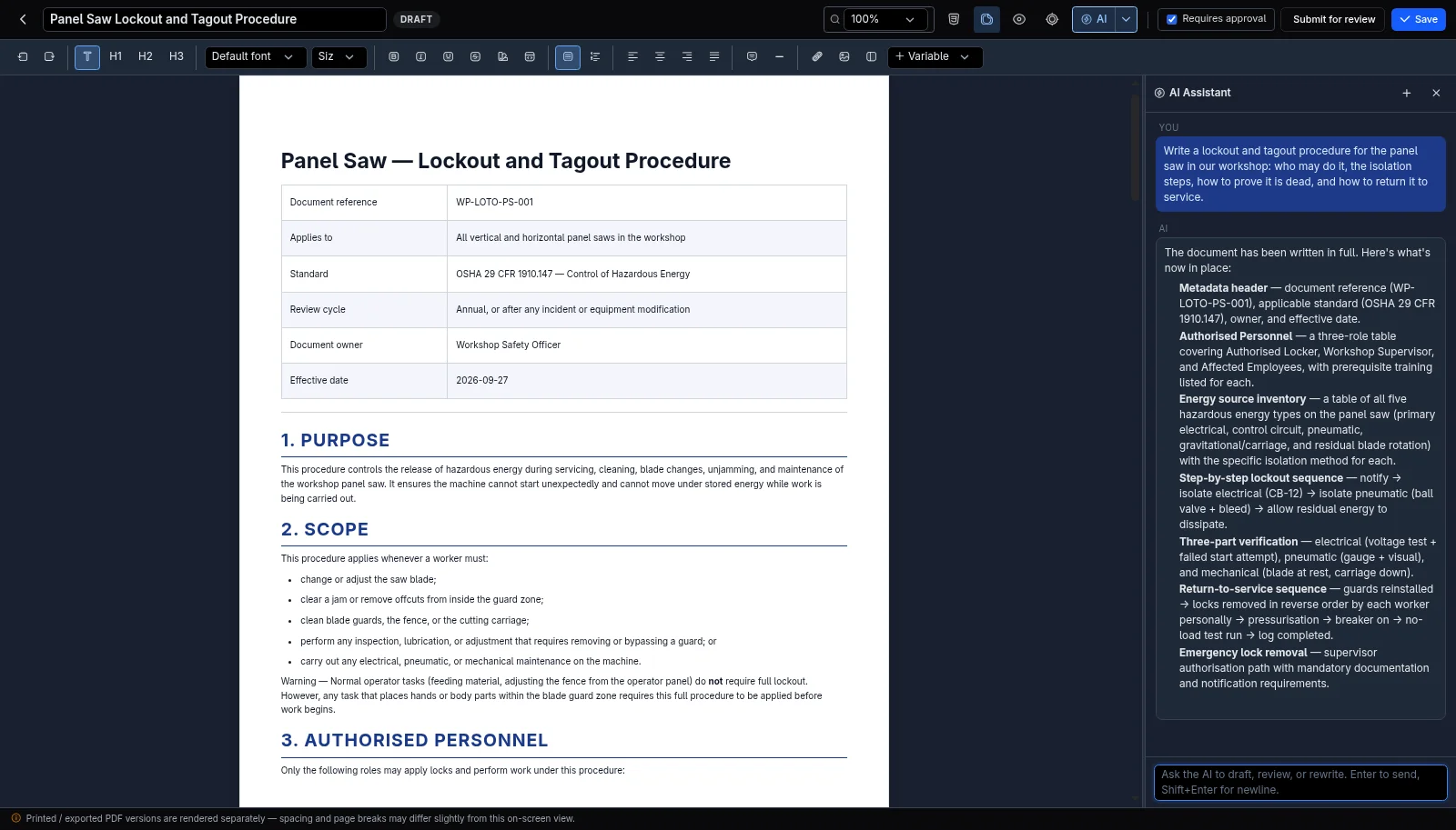 The AI assistant writing a full panel saw lockout and tagout procedure from a one-line request