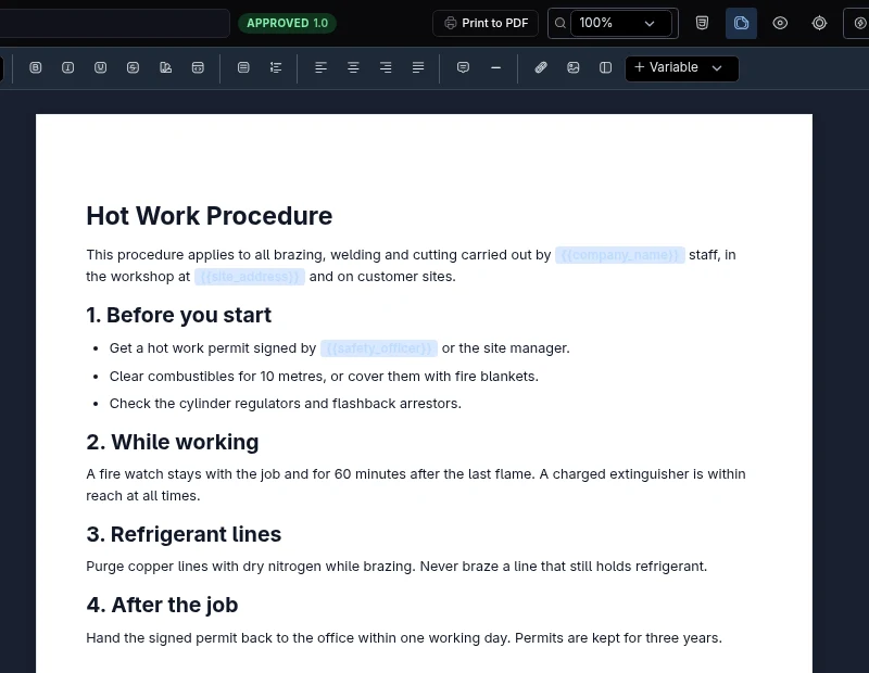 An approved hot work procedure open in the Vali editor