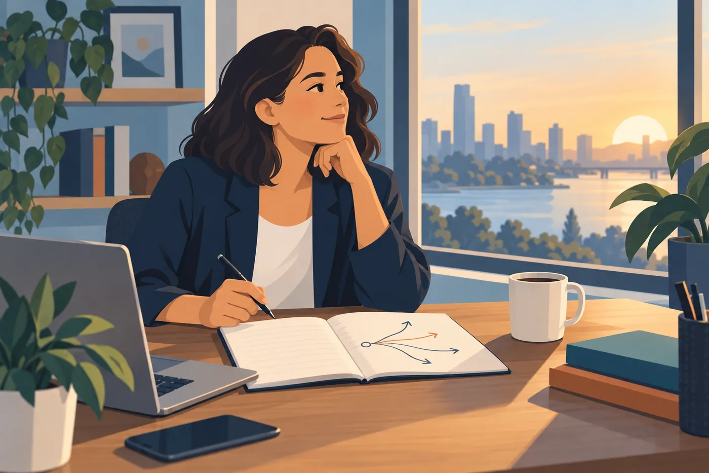 A business owner sitting calmly at a desk with a notebook, sketching possible paths ahead while the sun sets outside.