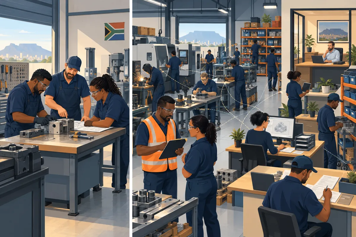 A small engineering workshop: three people at one bench on the left, and the same business grown to twelve people with a foreman, a buyer and an office on the right.