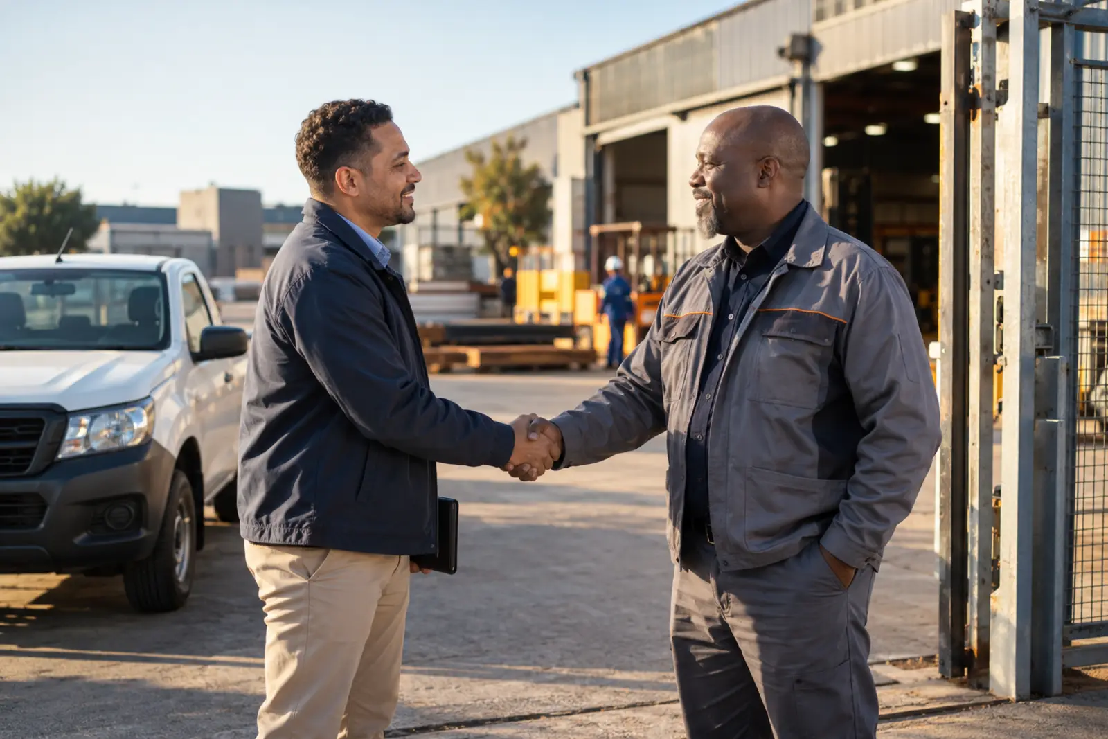 A sales rep shakes hands with a factory owner at the factory gate