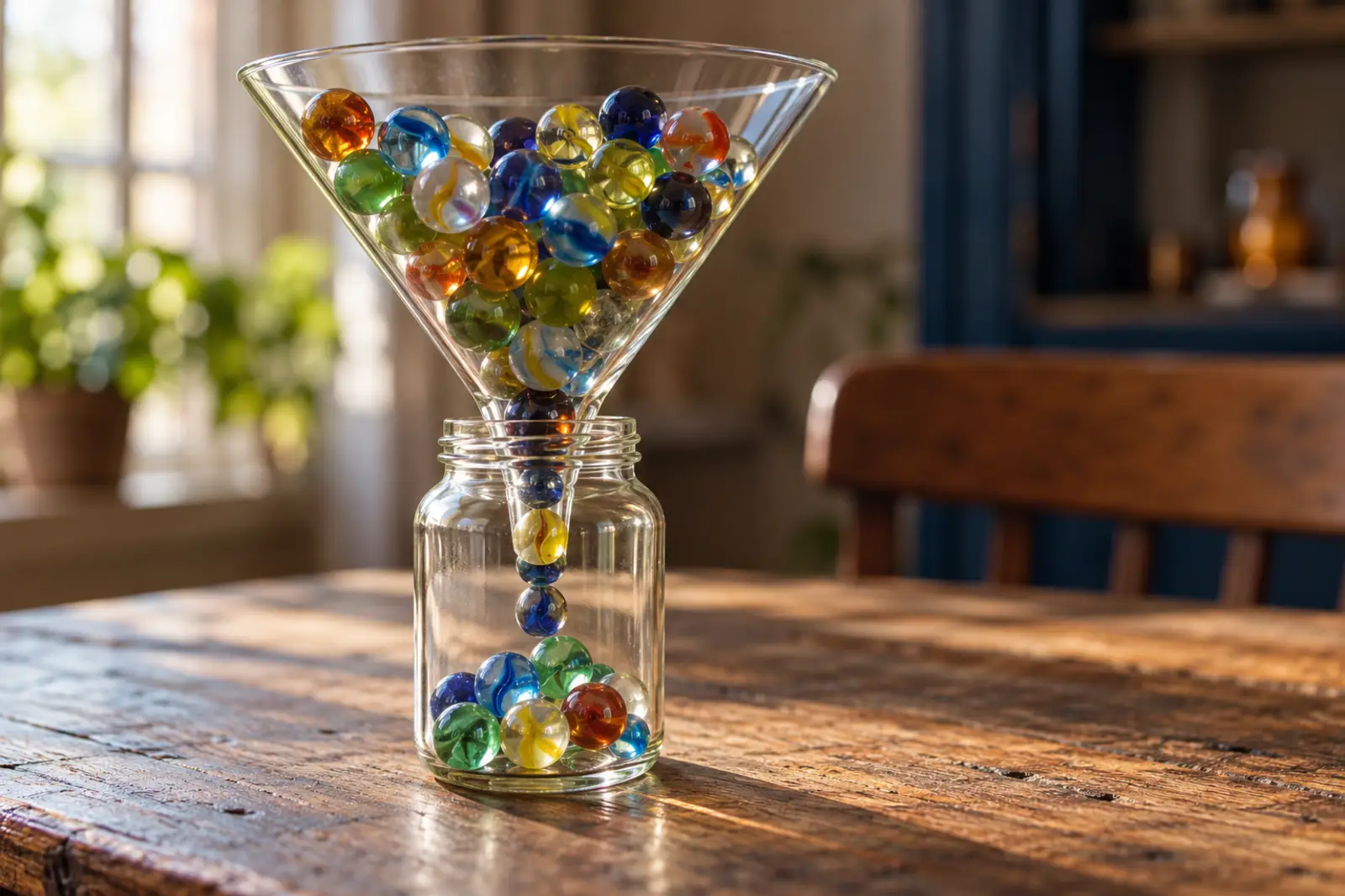 Coloured marbles in a funnel, narrowing into a jar