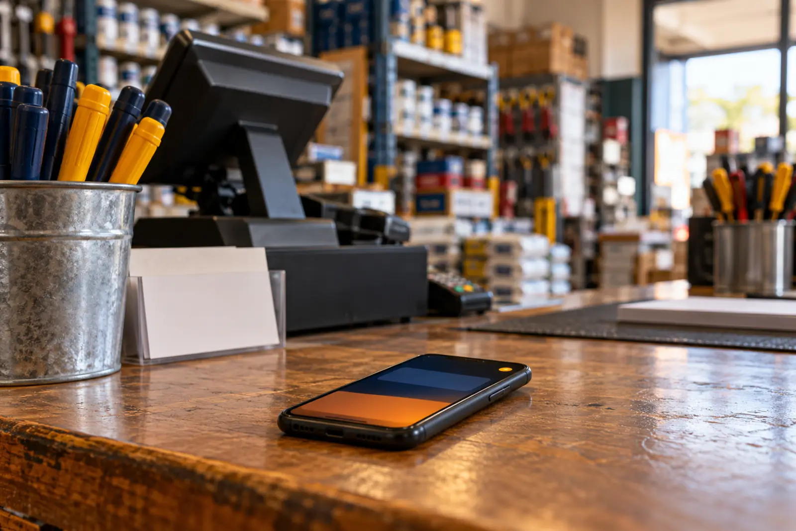 A phone with a new notification on a shop counter