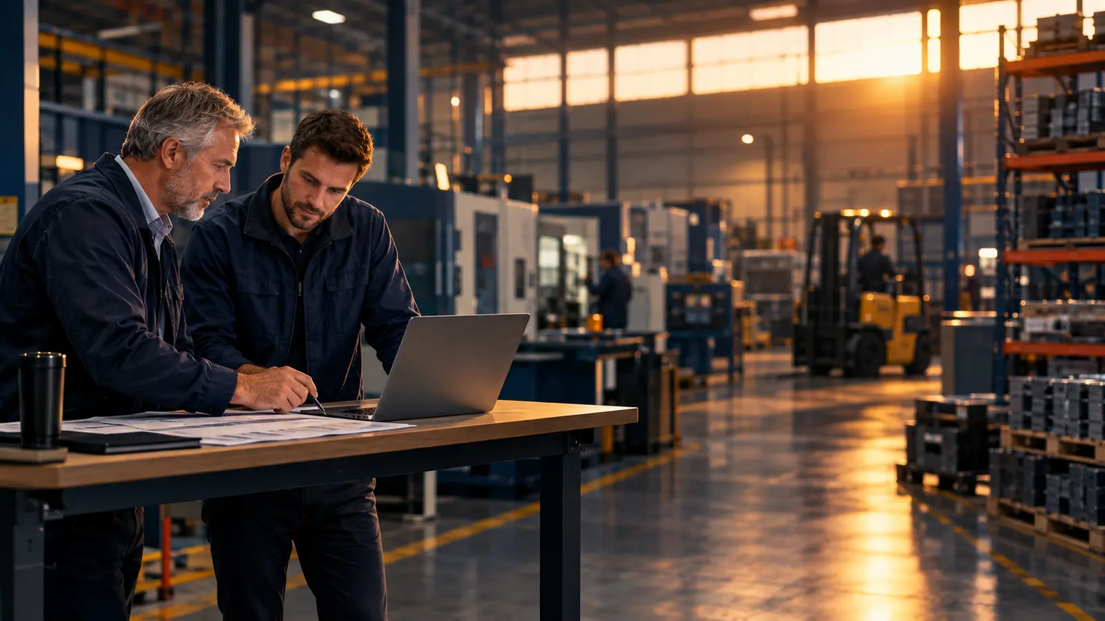 A factory owner and manager reviewing a job on a laptop on the factory floor