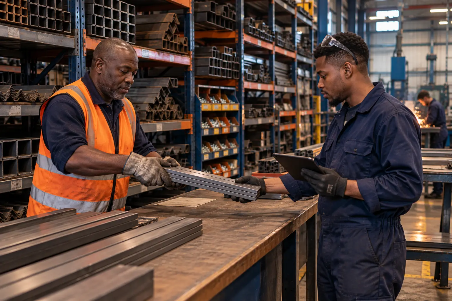 A storeman and a workshop manager talking over a job