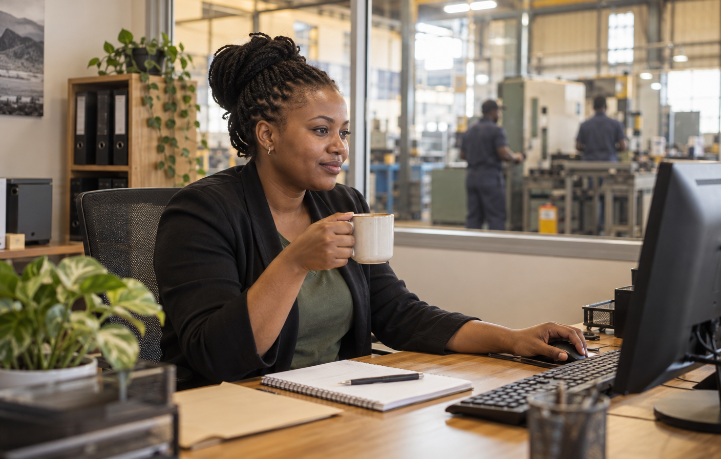 An office manager working calmly in Vali at her desk, the factory behind her