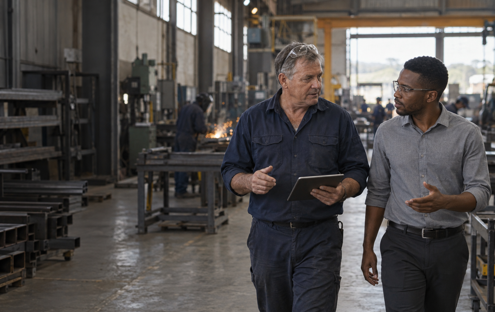A factory manager with a tablet walking the workshop floor with someone from the Vali team