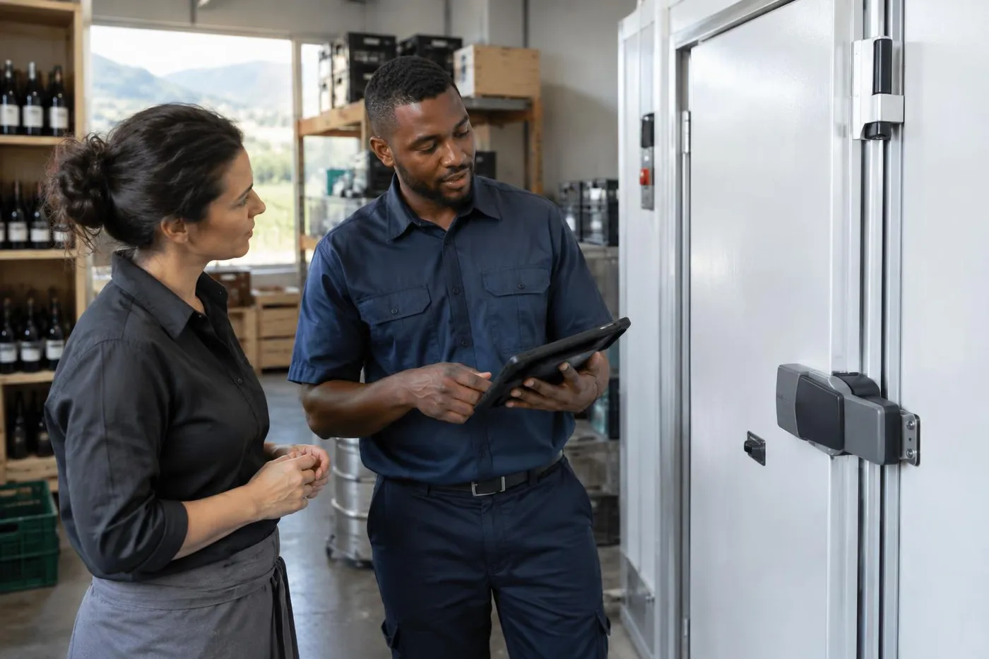 A service technician going through a checklist with a customer beside a new cold room