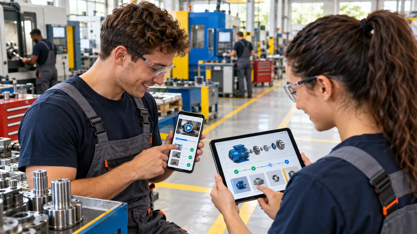 Two workers checking a job card on a tablet on the factory floor