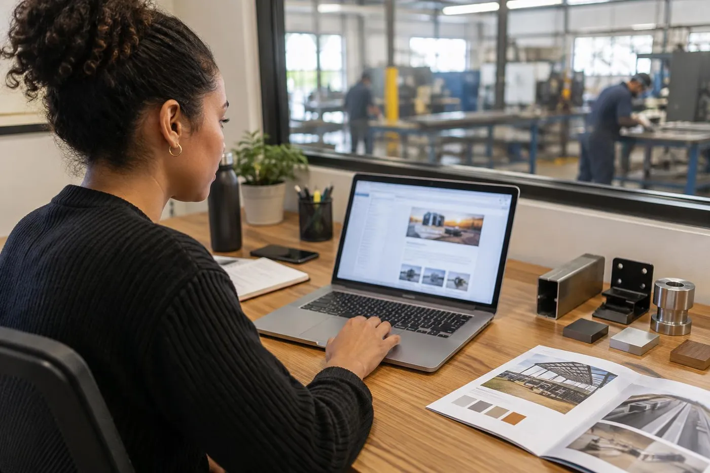A marketer in a factory office reviewing an email campaign on her laptop