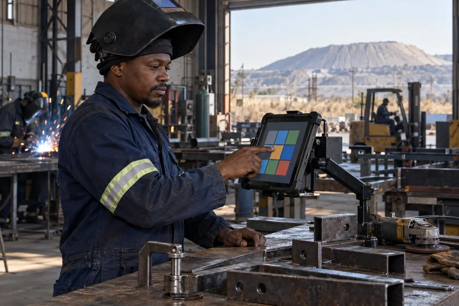 A welder enters his PIN on a tablet at his workbench