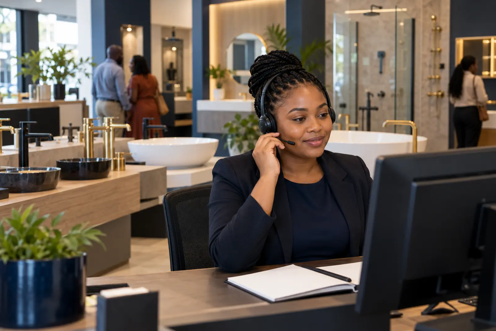 A salesperson on a call at a showroom sales desk